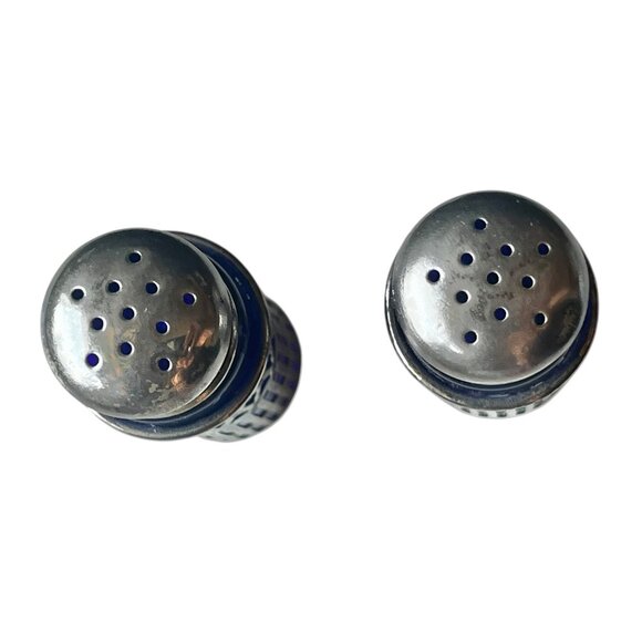 F B Rogers Silver Overlay Cobalt Blue Glass Salt & Pepper Shakers Vintage - Picture 4 of 9